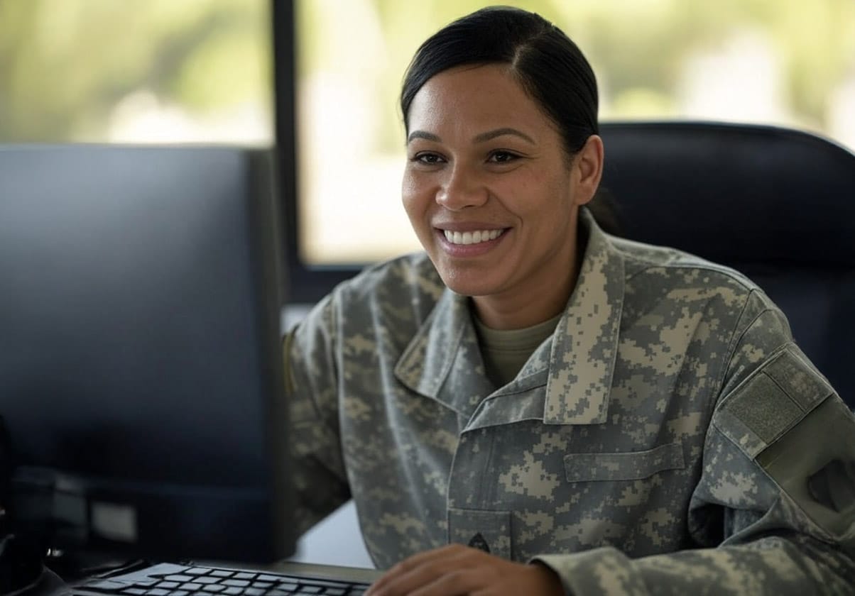 photo of an American solider filing her taxes at a computer