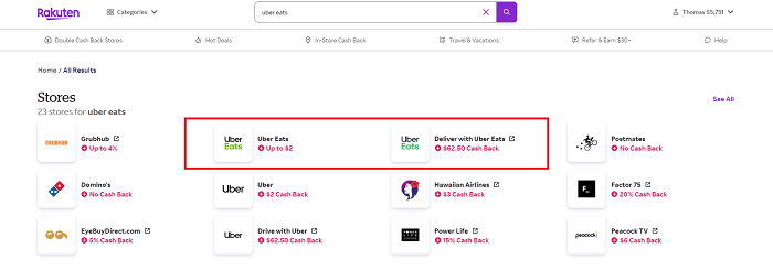 rakuten uber eats cash back