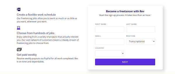 Rev freelancer sign up